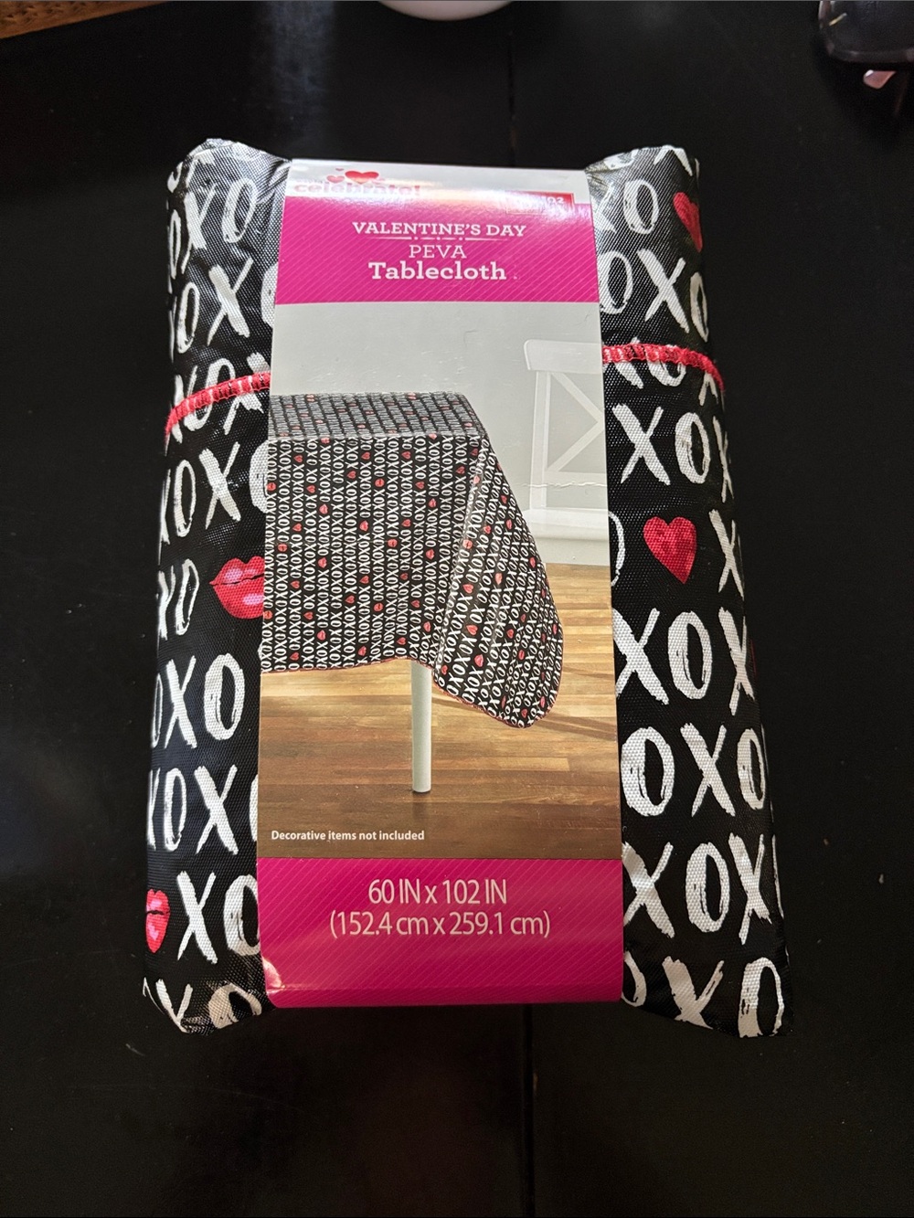 Valentine's PEVA Tablecloth by Celeste - Black with White XOXO and Red Hearts